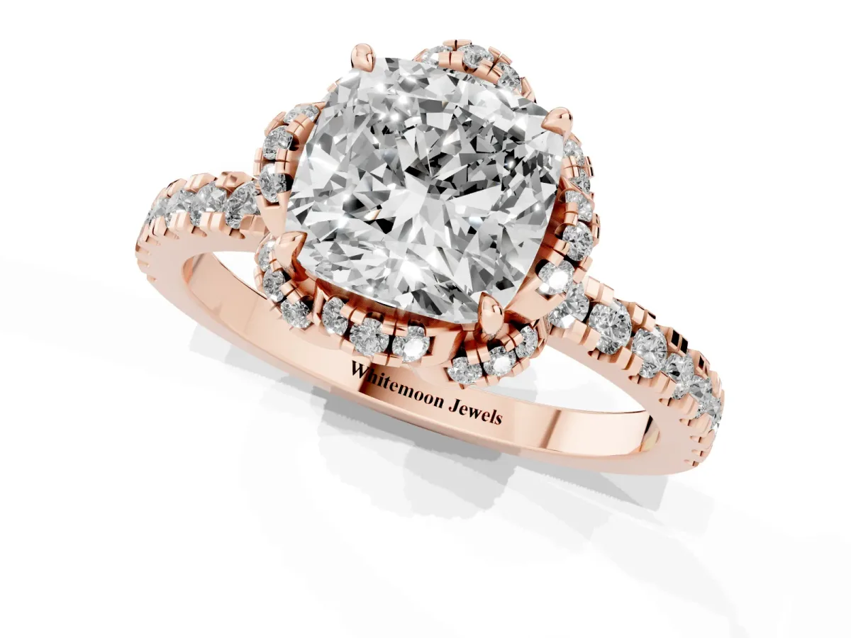 Cushion Cut Diamond Halo Pave Band with Four-Prong Setting Rose gold