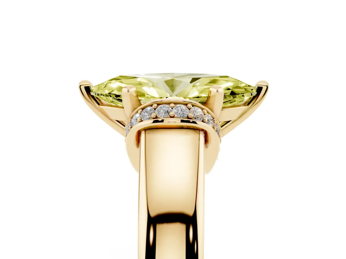 Fancy Yellow Marquise Cut Solitaire Diamond Ring with Pave Band and Six-Prong Setting Yellow gold