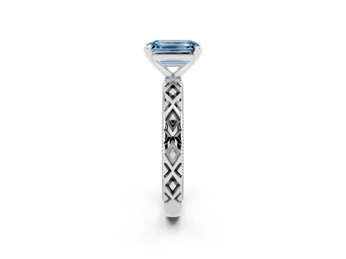 Fancy Blue Emerald Cut Solitaire Diamond Ring with Milgrain and Black Enamel X Pattern Band Silver