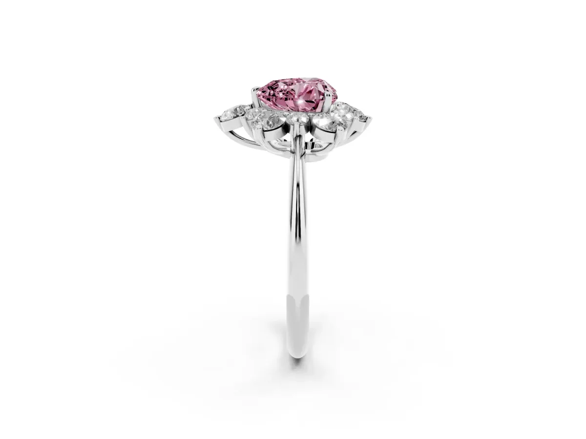 Fancy Pink Heart Cut Diamond Cluster Halo Ring with Solitaire Band and Four-Prong Setting Silver