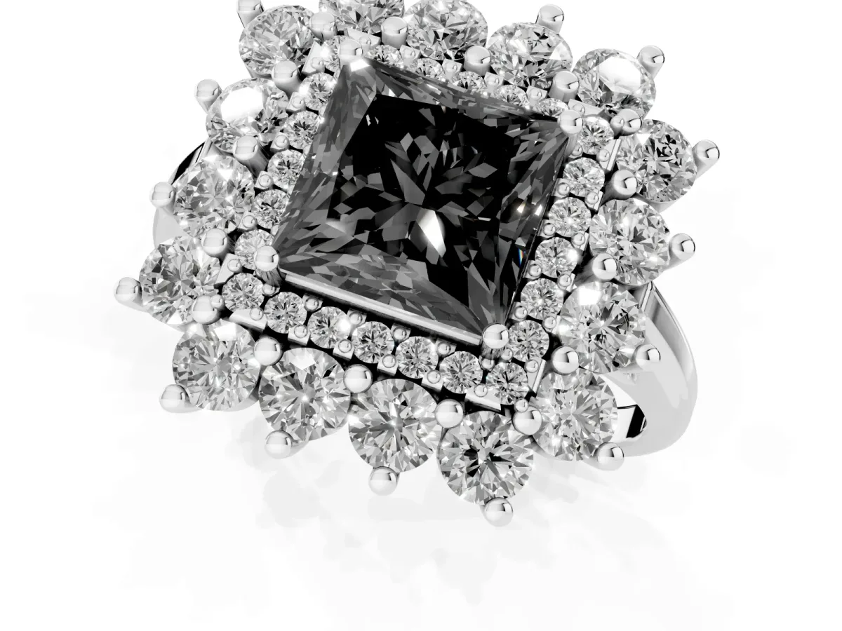 Fancy Black Princess Cut Diamond Floral Double Halo Engagement Ring with Prong Setting Silver