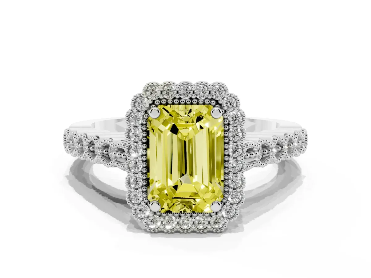 Fancy Yellow Emerald Cut Cut Halo Pavé Solitaire Ring with Milgrain Band Silver