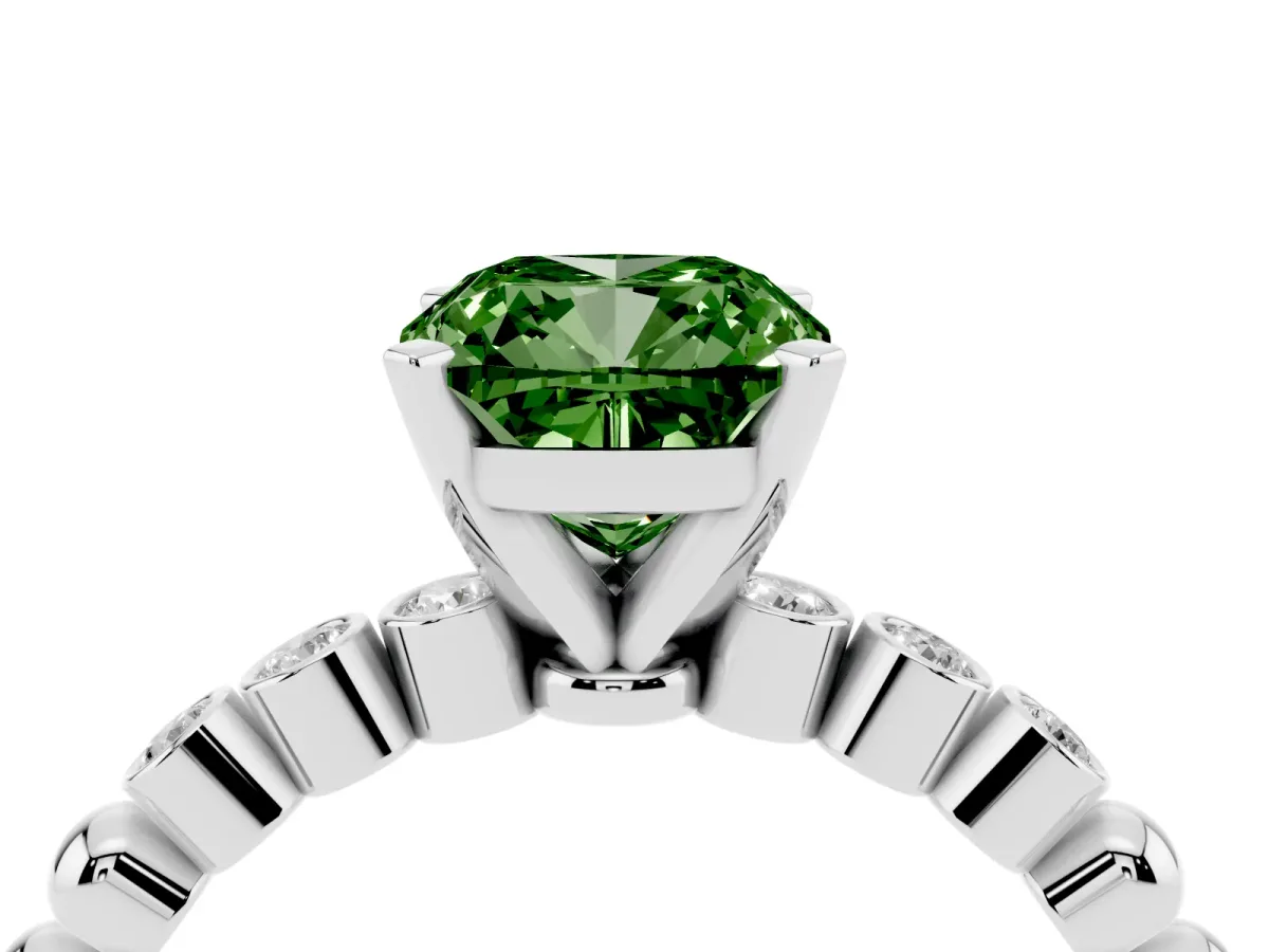 Fancy Green Cushion Cut Solitaire Bezel Accent Diamond Engagement Ring with Beaded Band and Four-Prong Setting Silver
