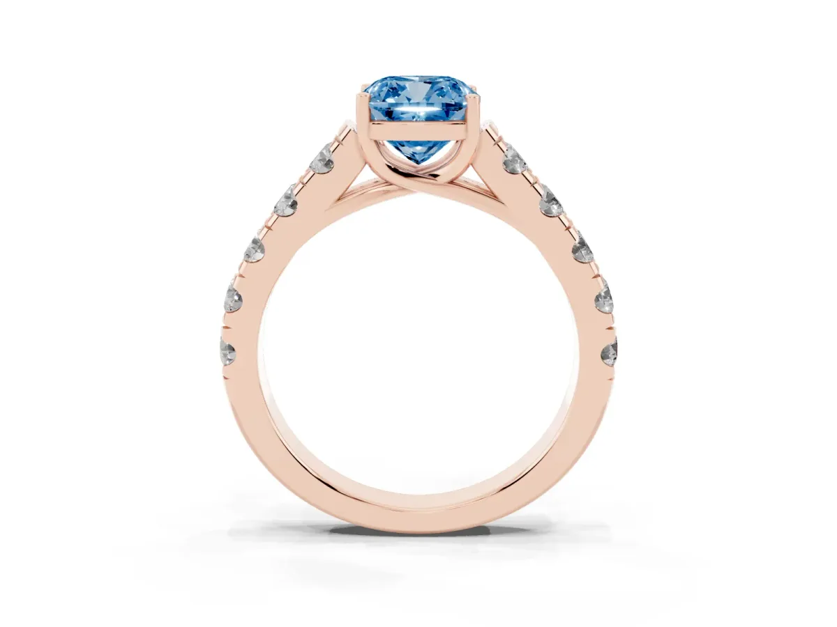 Fancy Blue Cushion Cut Cut Diamond Solitaire Ring with Micro Pave Band and Prong Setting Rose gold