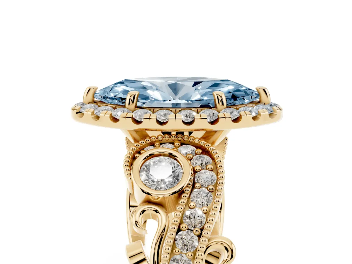 Fancy Blue Marquise Cut Diamond Halo Ring with Milgrain Pavé Band and Four-Prong Setting Yellow gold