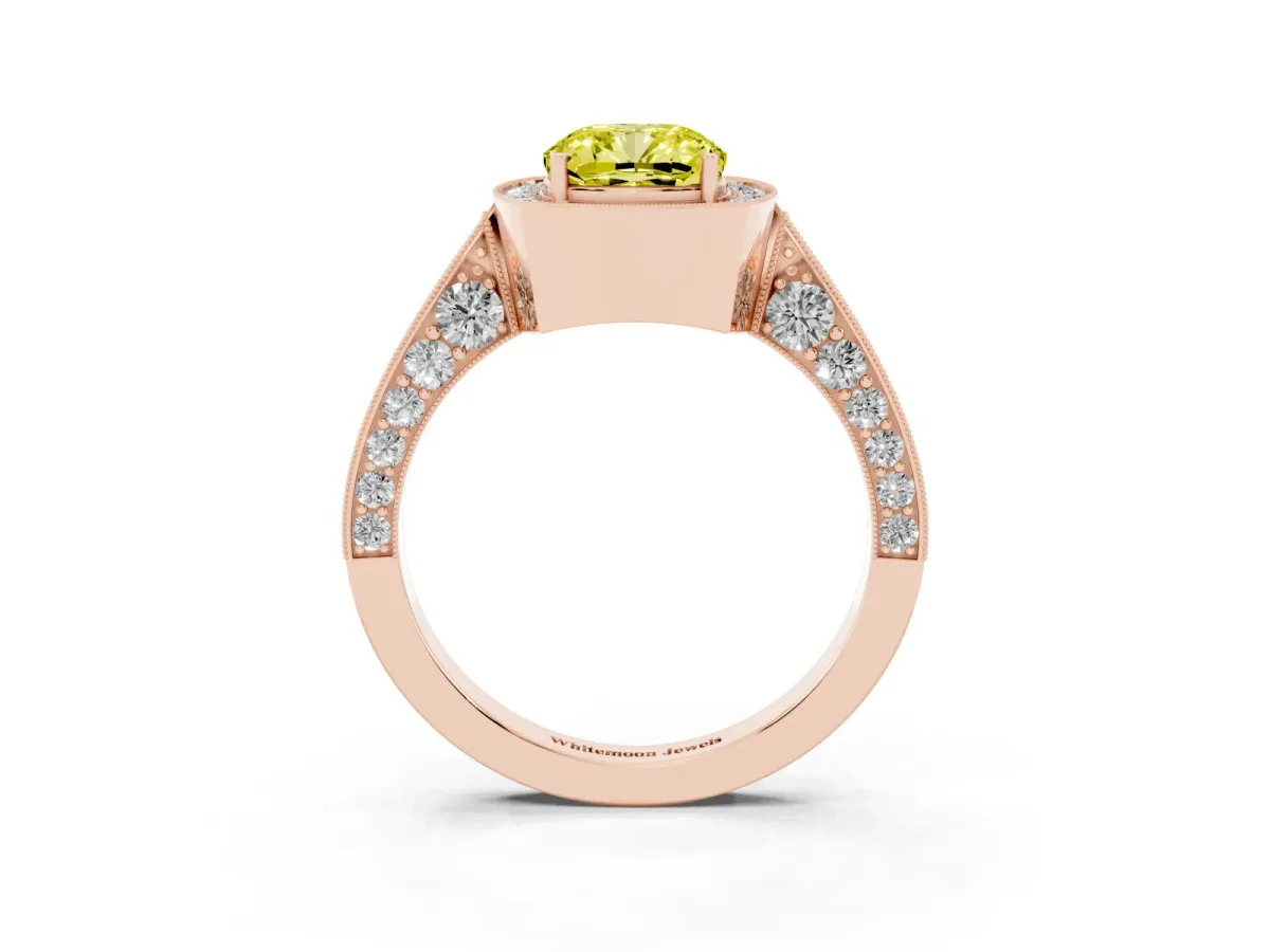 Fancy Yellow Cushion Cut Halo Diamond Engagement Ring with Split Shank Band and Four-Prong Setting Rose gold