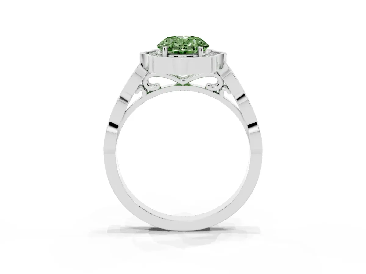 Fancy Green Oval Cut Halo Diamond Engagement Ring with Milgrain Band and Four-Prong Setting Platinum