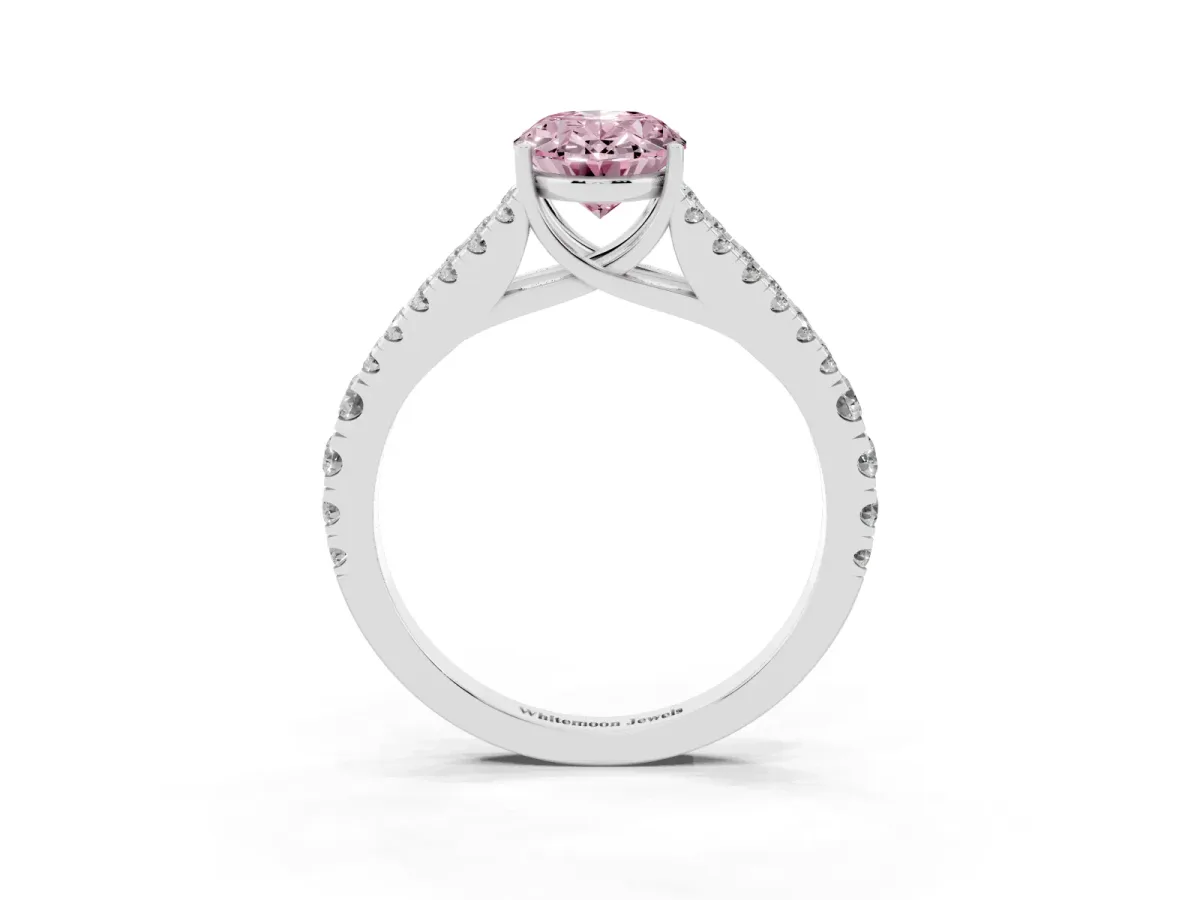 Fancy Pink Oval Cut Diamond Split Shank Engagement Ring with Round Pavé and Prong Setting Silver