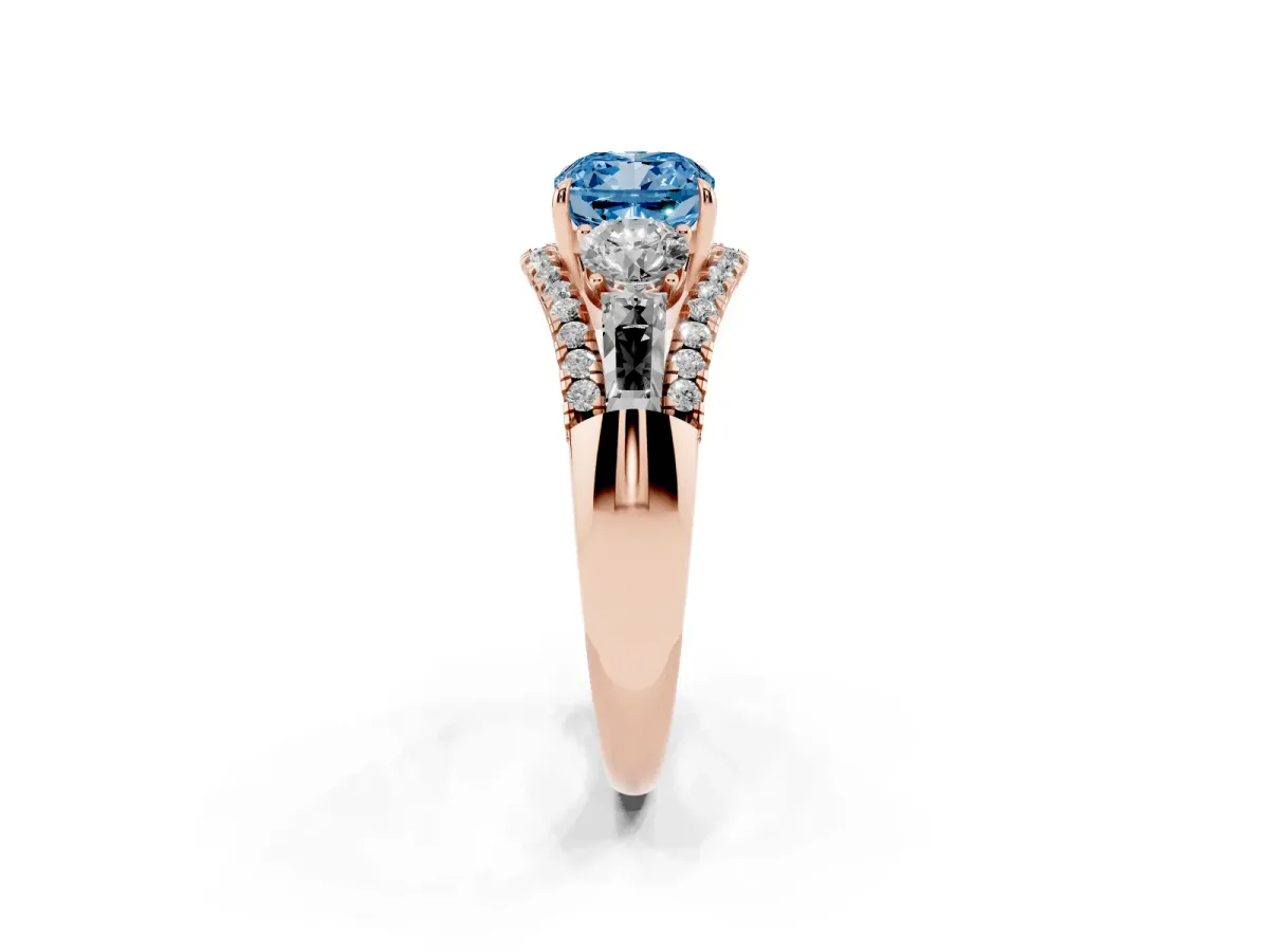 Fancy Blue Three-Stone Cushion Cut Diamond Engagement Ring with Pave Band and Prong Setting Rose gold
