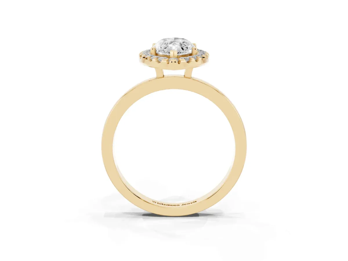 Marquise Cut Halo Diamond Solitaire with Pavé Band and Four-Prong Setting Yellow gold