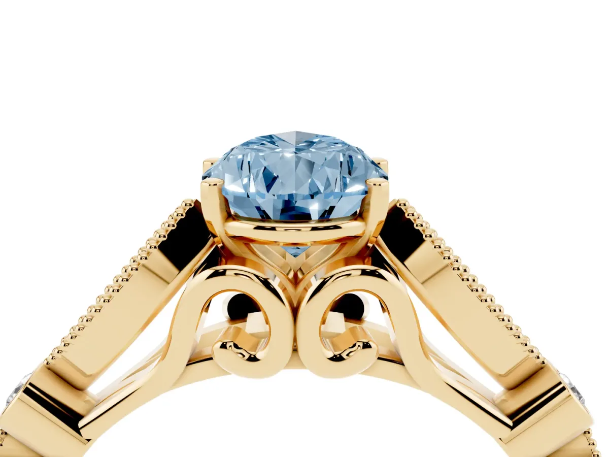 Fancy Blue Pear Cut Cut Diamond with Milgrain Marquise and Bezel Accents on a Solitaire Band with Prong Setting Yellow gold