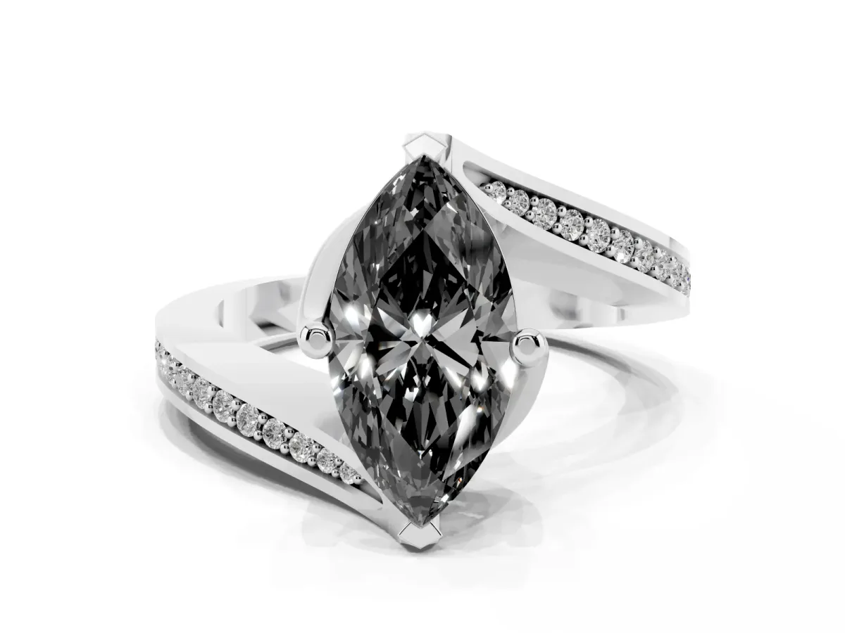 Fancy Black Marquise Cut Solitaire Diamond Twist Band with Pavé Setting and Four-Prong Setting Platinum