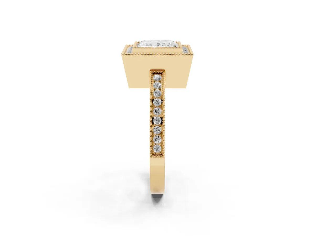 Princess Cut Cut Halo Diamond Ring with Pavé Band and Milgrain Prong Setting Yellow gold