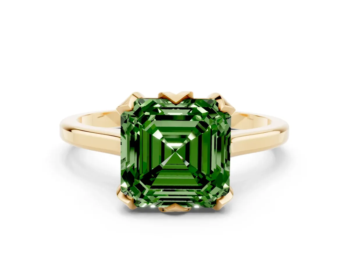 Fancy Green Asscher Cut Diamond Solitaire Ring with Flower Prong Setting and Classic Band Yellow gold
