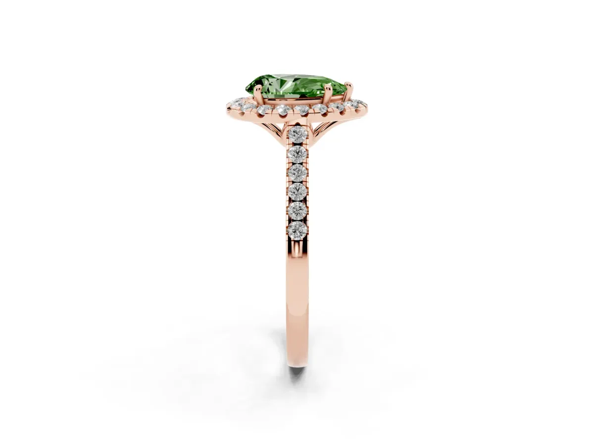 Fancy Green Pear Cut Halo Pavé Diamond Engagement Ring with Four-Prong Setting Rose gold