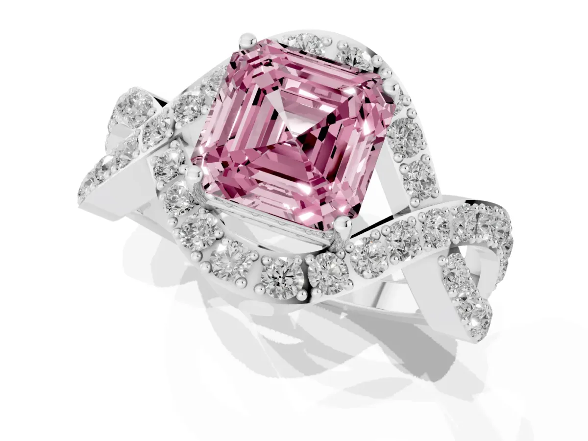 Fancy Pink Asscher Cut Solitaire Twist Band Pavé Diamond Engagement Ring Platinum