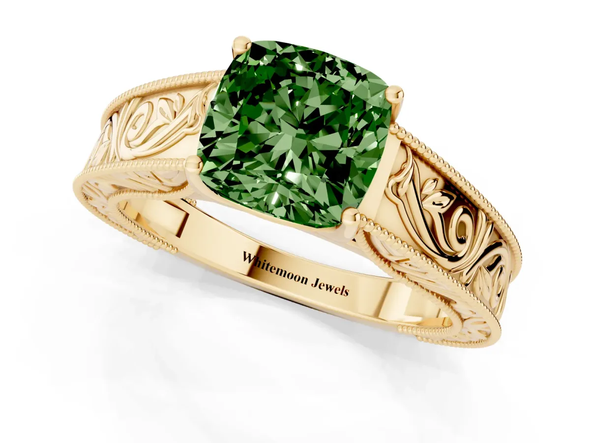 Fancy Green Cushion Cut Diamond Solitaire Ring with Engraved Band and Four-Prong Setting Yellow gold