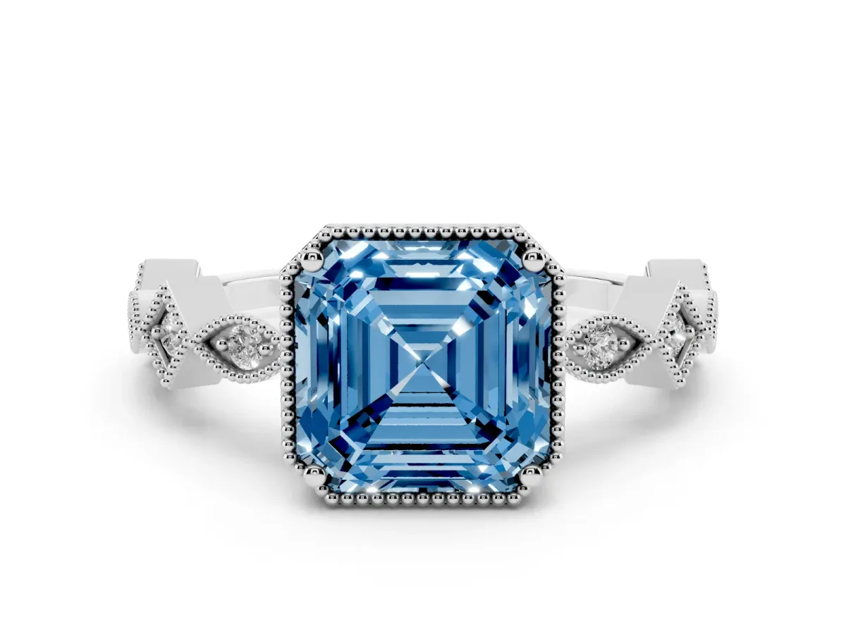 Fancy Blue Asscher Cut Milgrain Marquise Diamond Twist Band Ring Silver