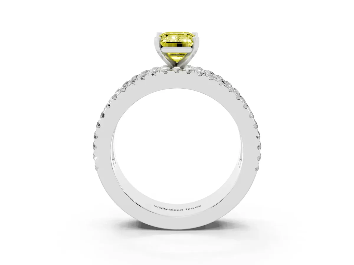 Fancy Yellow Emerald Cut Diamond Solitaire Ring with Pavé and Channel Set Band Silver