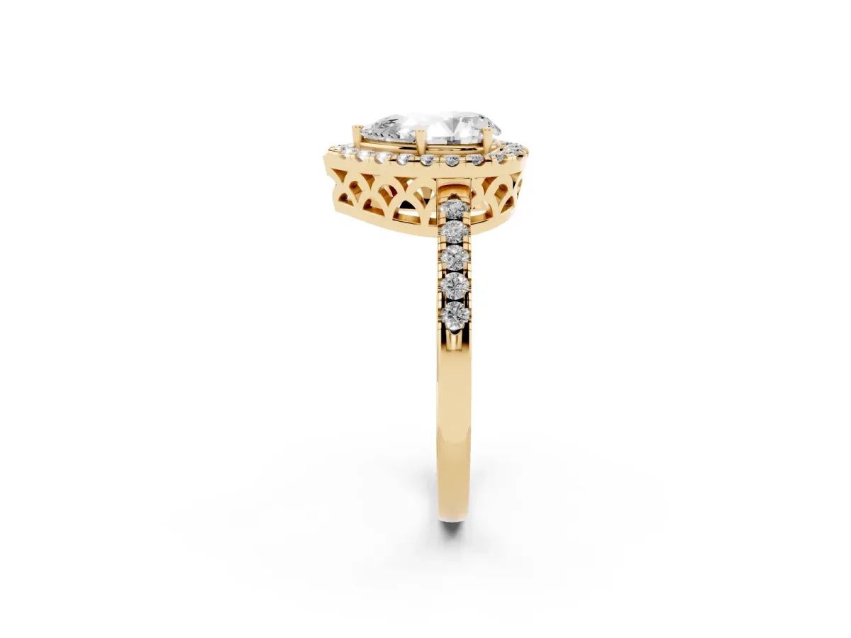 Pear Cut Halo Diamond Engagement Ring with Pavé Band and Four-Prong Setting Yellow gold