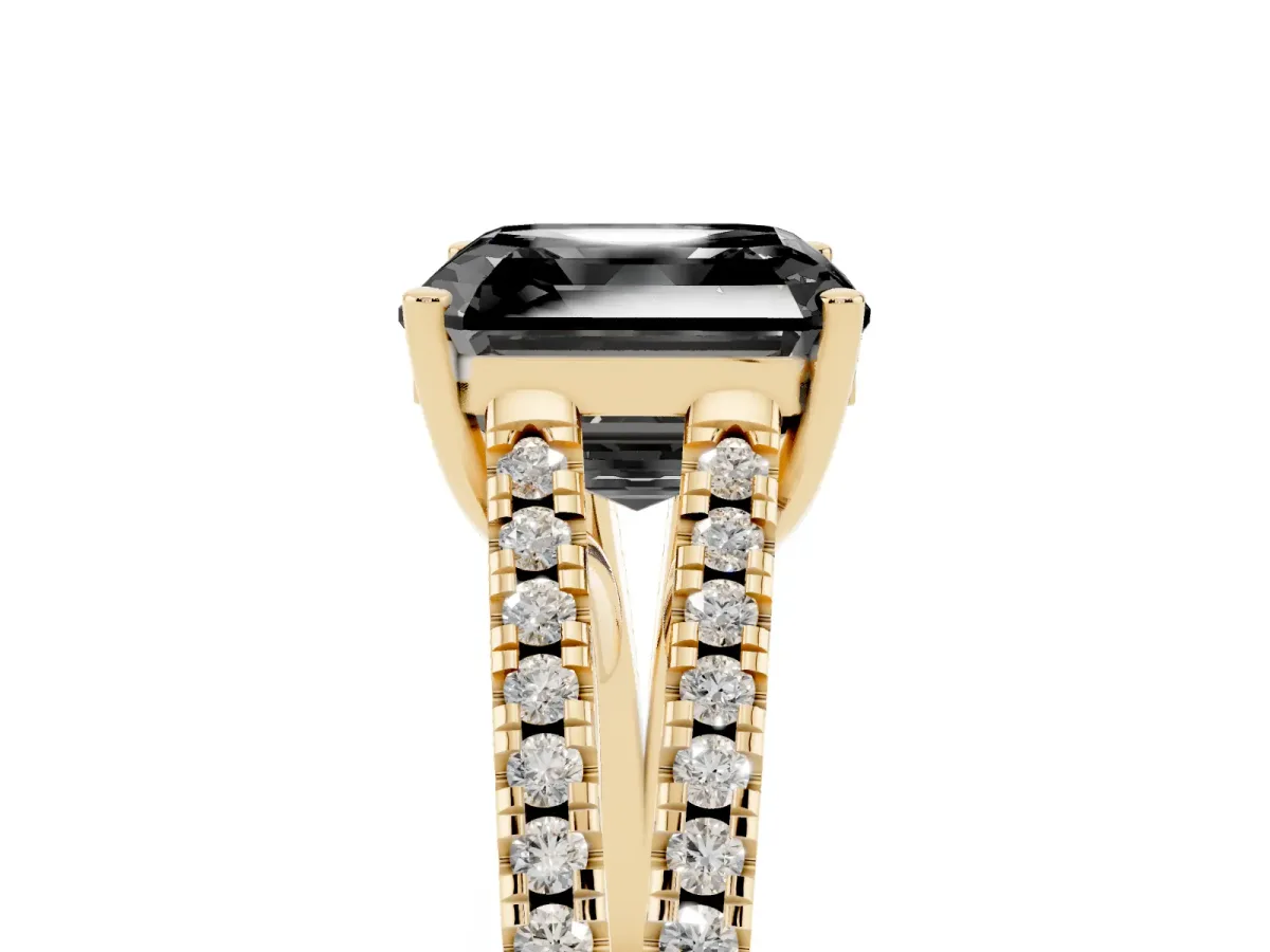 Fancy Black Asscher Cut Diamond Solitaire Engagement Ring with Split Shank Pavé Band Yellow gold