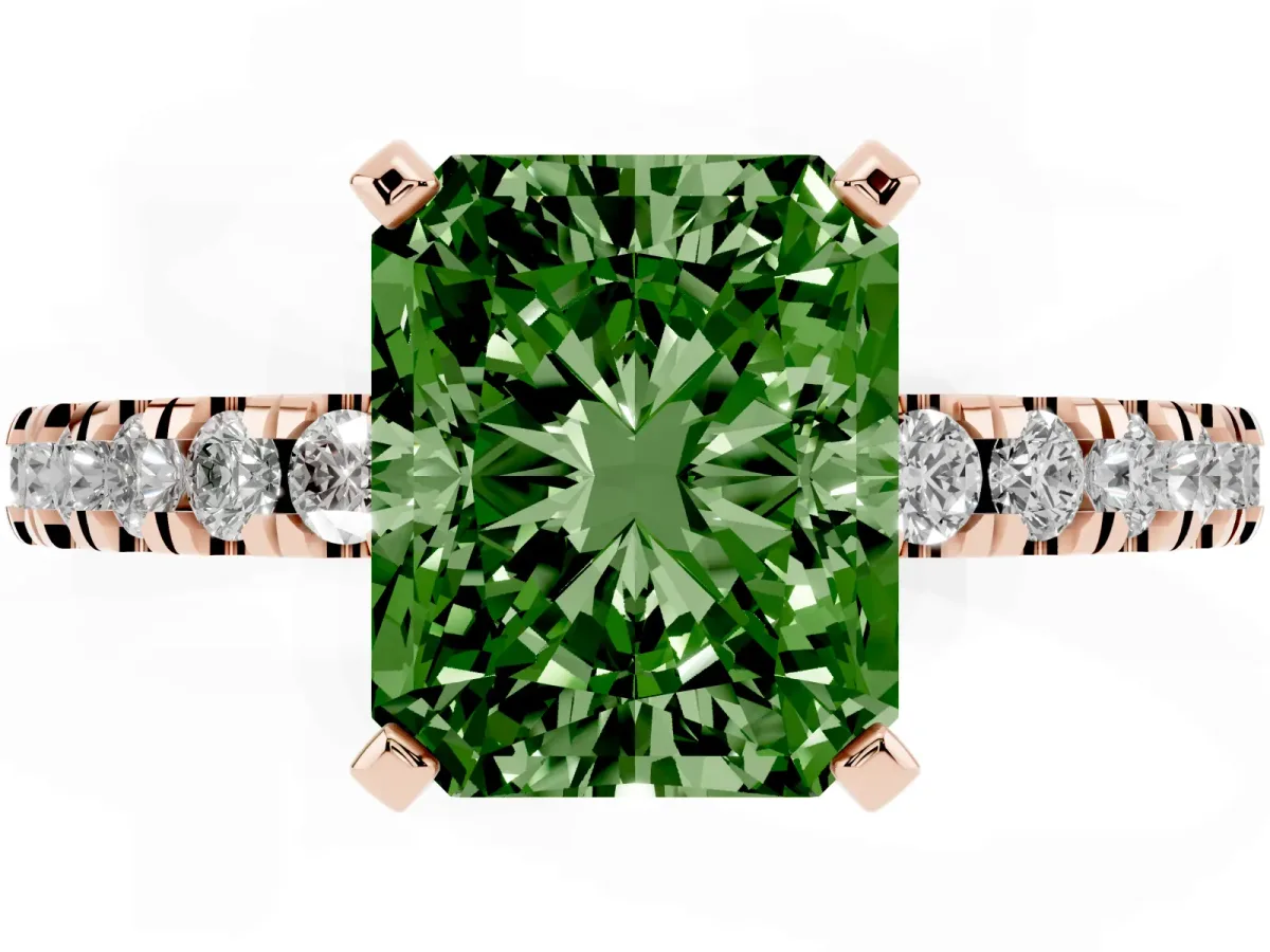 Fancy Green Radiant Cut Solitaire Diamond with Pavé Band and Four-Prong Setting Rose gold