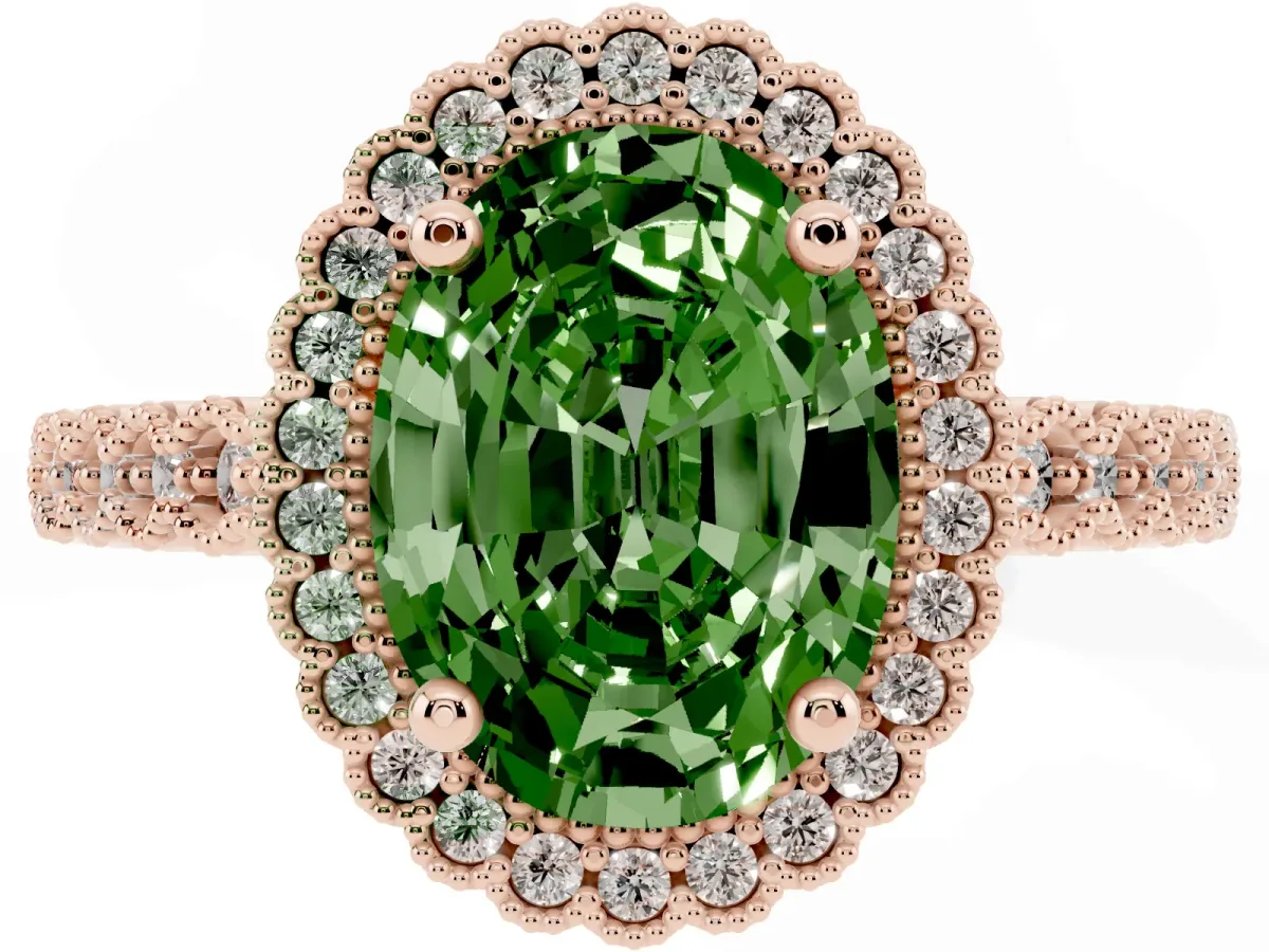 Fancy Green Oval Cut Cut Halo Pavé Solitaire Ring with Milgrain Band Rose gold