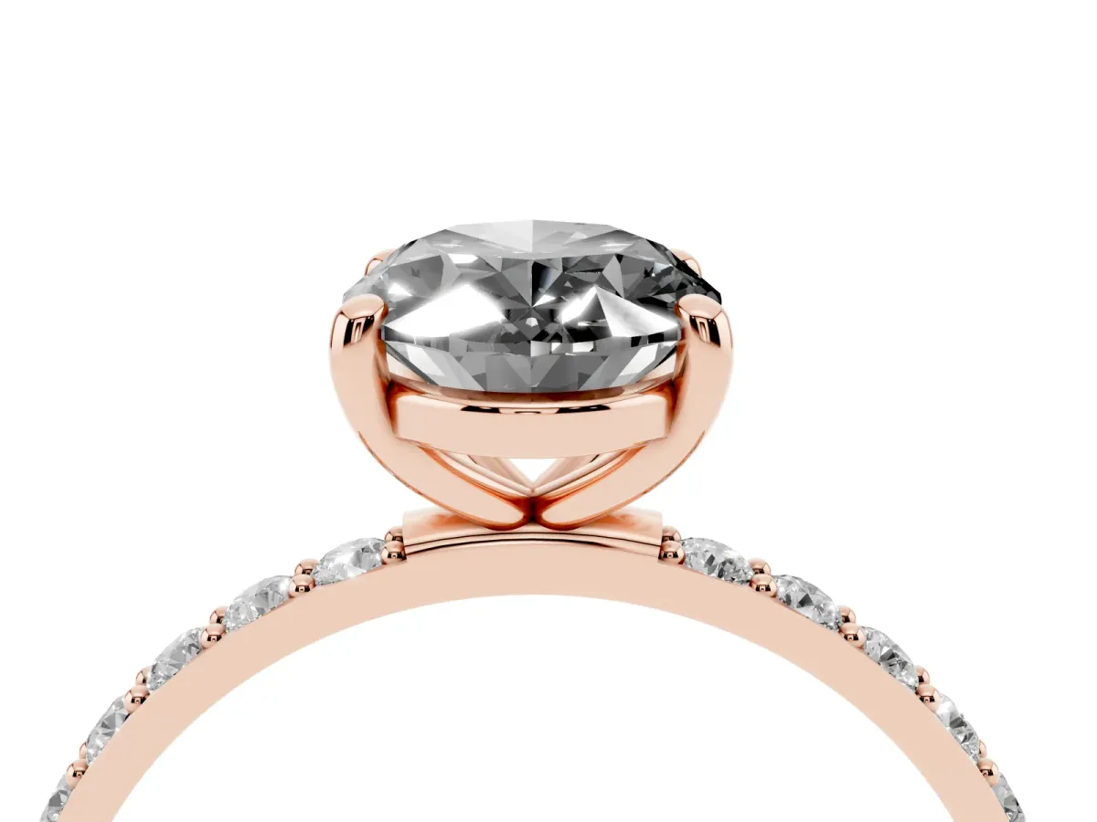 Fancy Black Oval Cut Diamond Solitaire Ring with Round Pavé Band and Prong Setting Rose gold