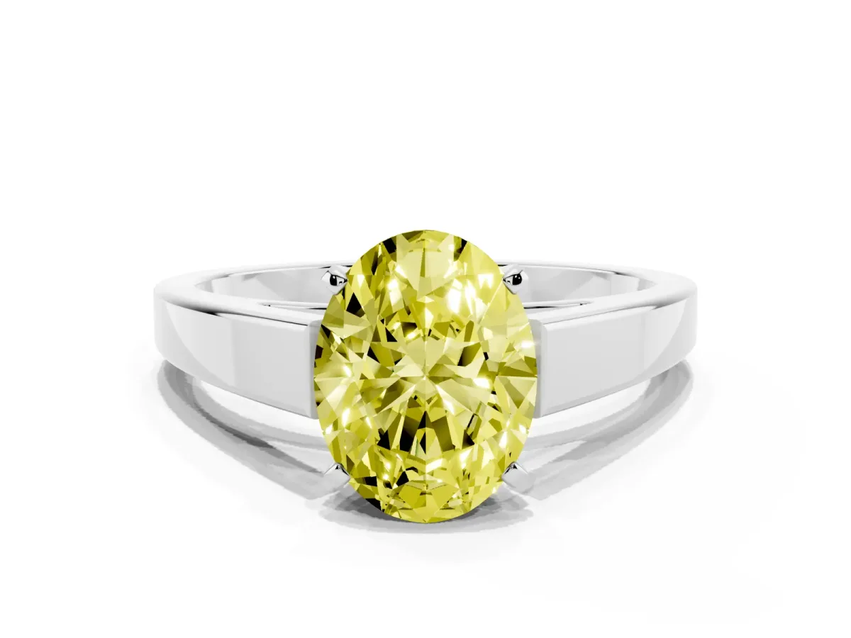 Fancy Yellow Oval Cut Solitaire Engagement Ring with Four-Prong Setting and Tapered Band Platinum
