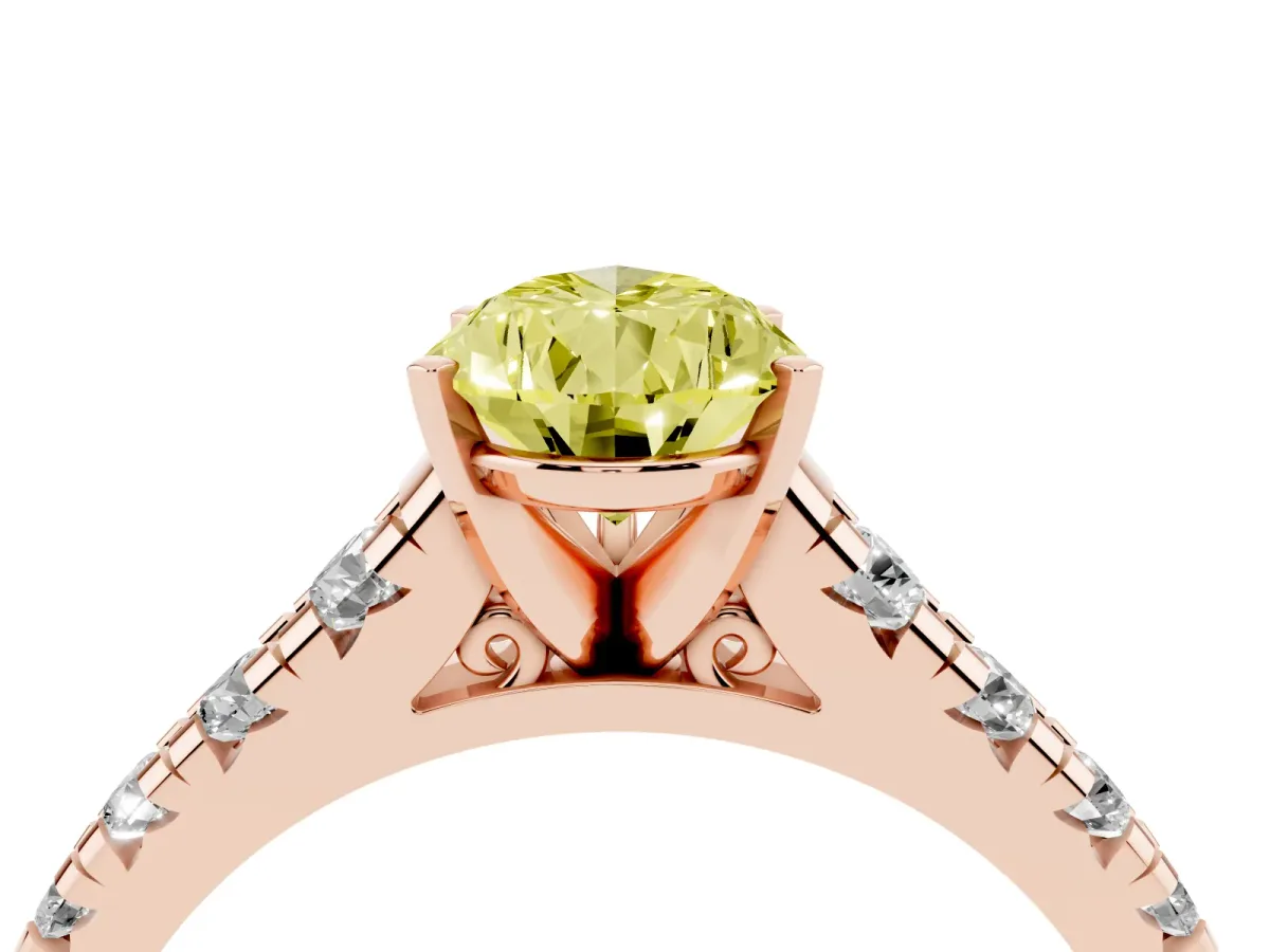 Fancy Yellow Pear Cut Diamond Cathedral Solitaire Ring with Round Pavé Band Rose gold