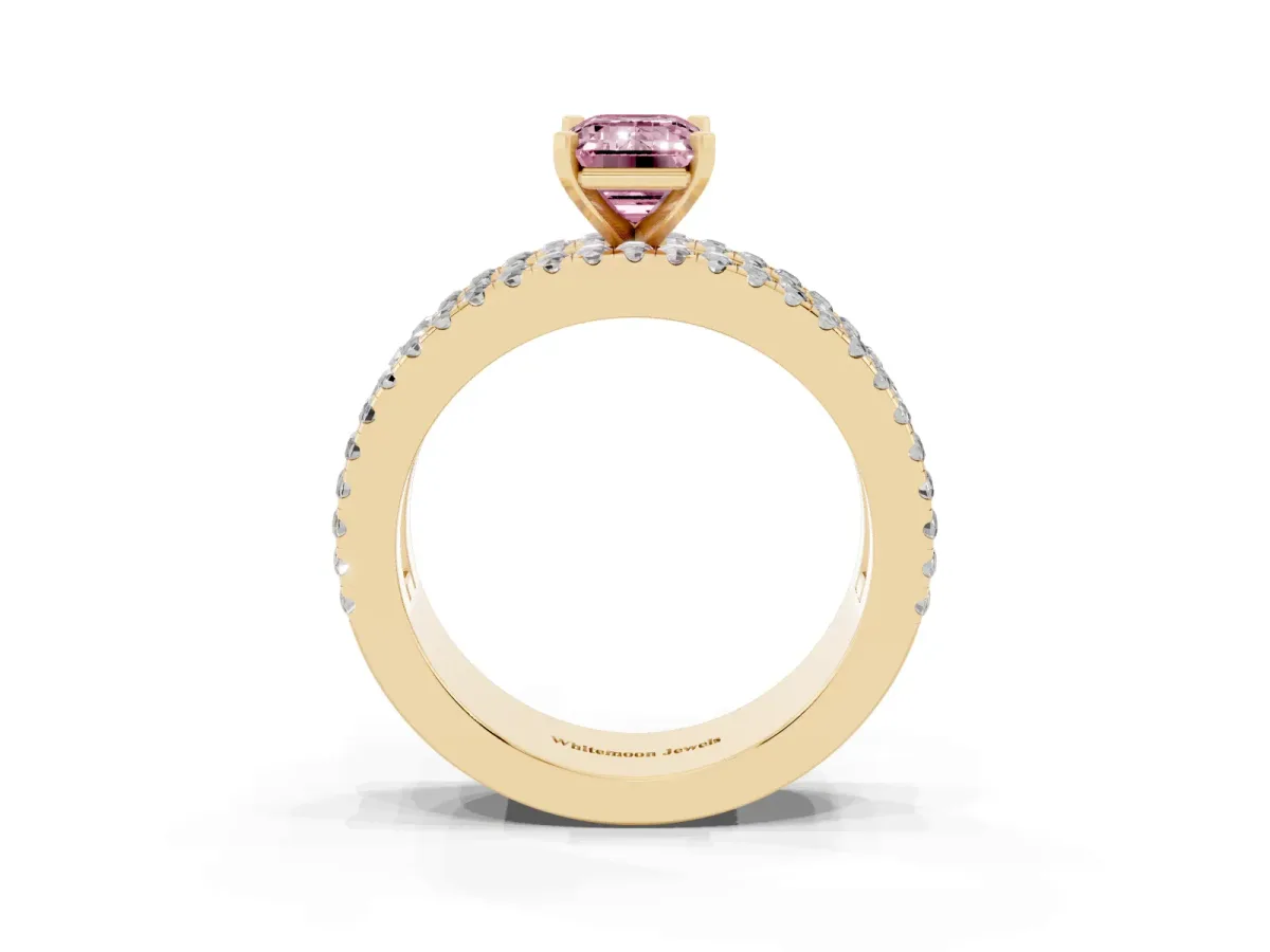 Fancy Pink Emerald Cut Diamond Solitaire Ring with Pavé and Channel Set Band Yellow gold