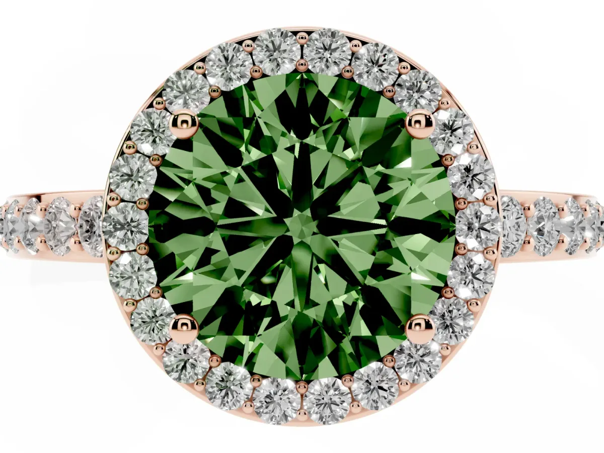 Fancy Green Round Cut Halo Diamond Pavé Band Ring with Prong Setting Rose gold