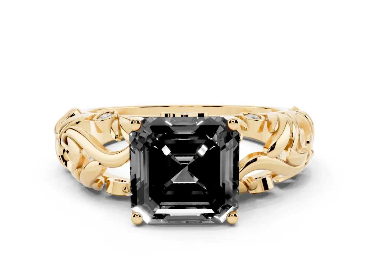Fancy Black Asscher Cut Solitaire Diamond Leaf-Inspired Vine Band Ring with Prong Setting Yellow gold
