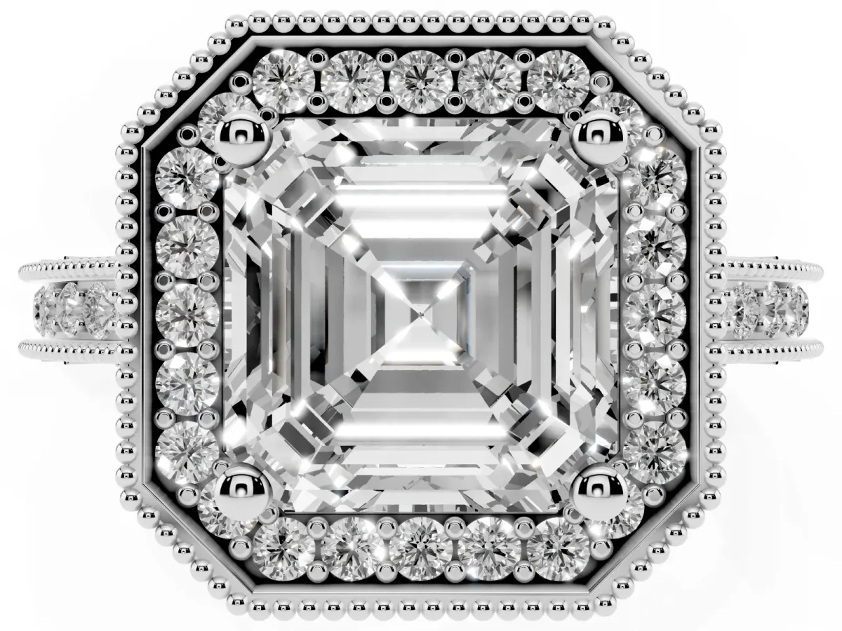 Asscher Cut Diamond Milgrain Halo Engagement Ring with Round Pavé Band and Prong Setting Platinum