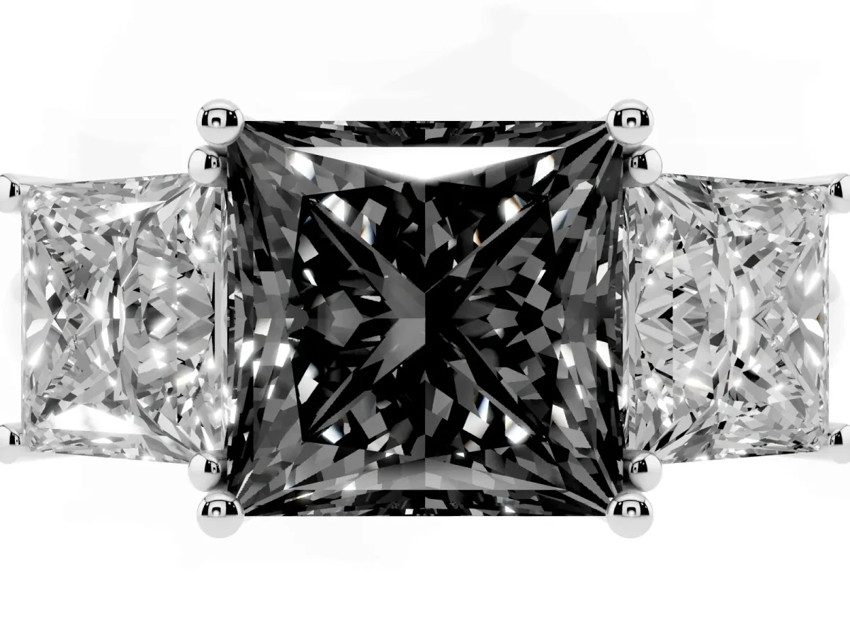 Fancy Black Three-Stone Princess Cut Diamond Engagement Ring with Prong Setting Silver