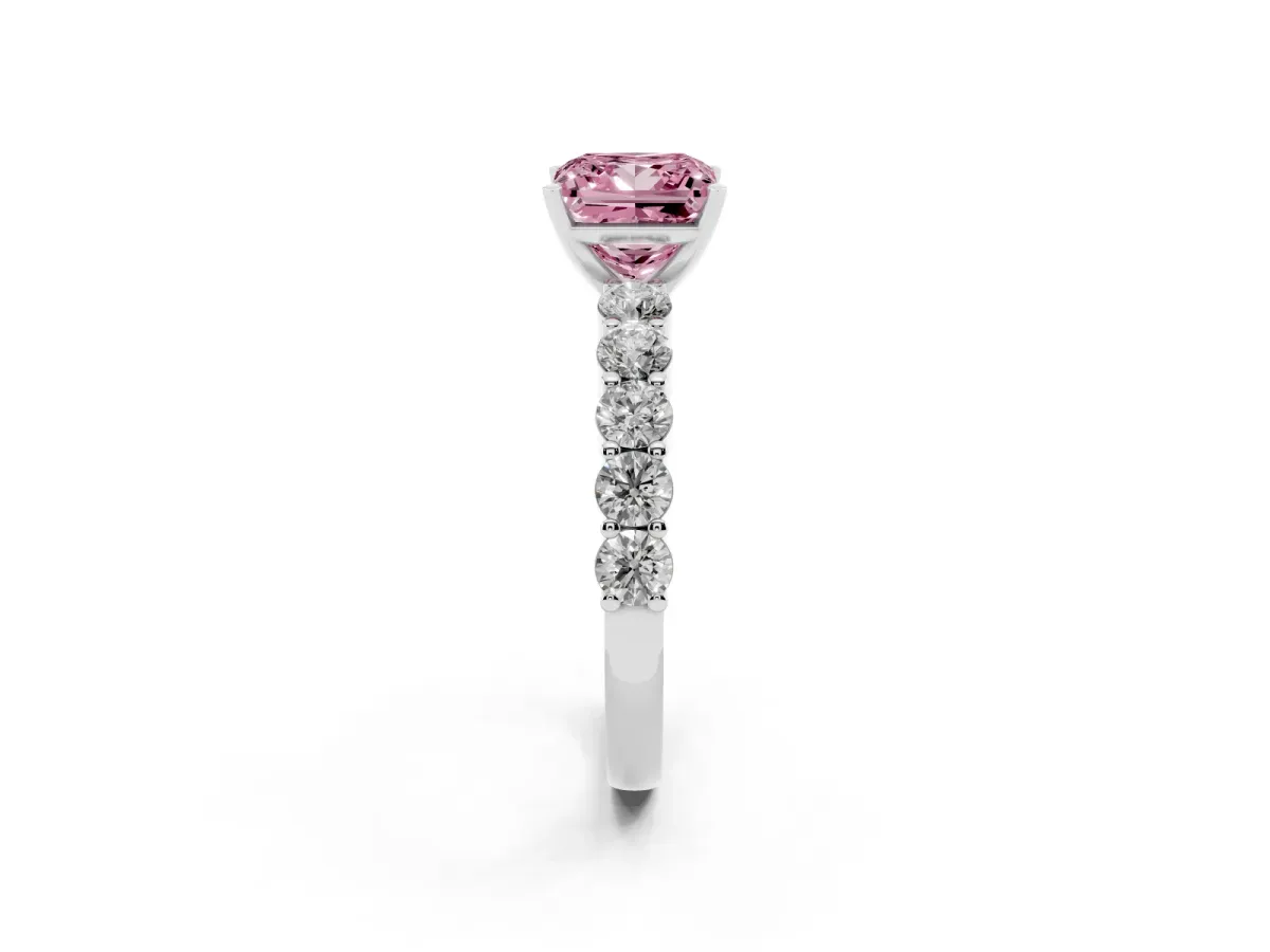 Fancy Pink Princess Cut Diamond Solitaire Ring with Shared Prong Round Side Stones Silver