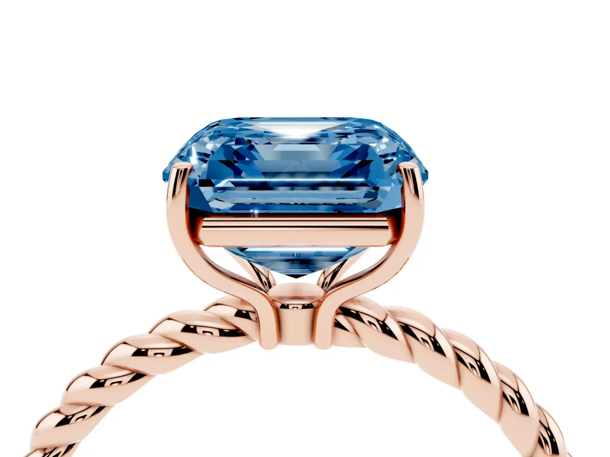 Fancy Blue Asscher Cut Solitaire Twist Band Ring with Four-Prong Setting Rose gold