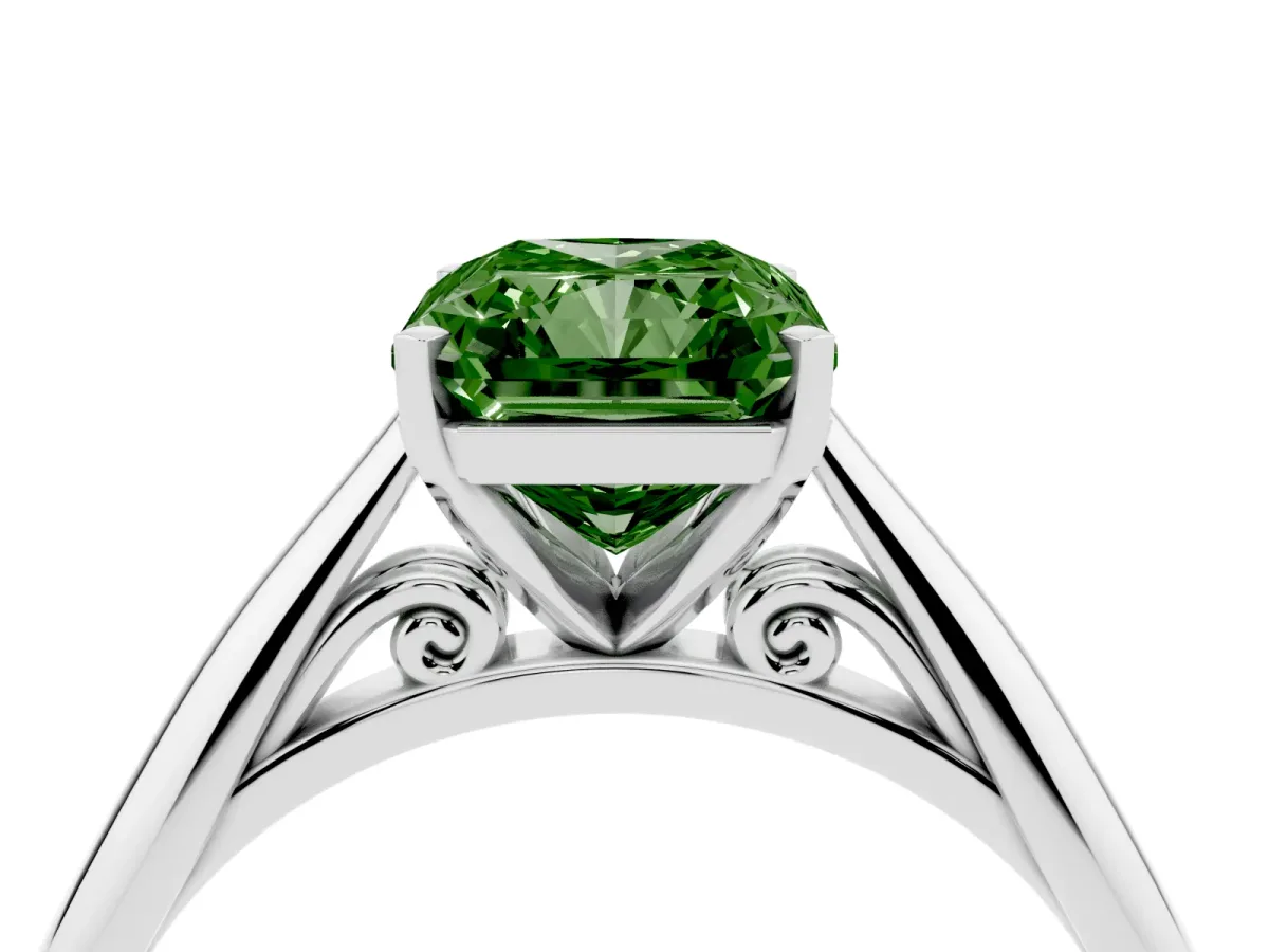 Fancy Green Radiant Cut Diamond Solitaire Engagement Ring with Cathedral Setting and Four-Prong Mount Silver