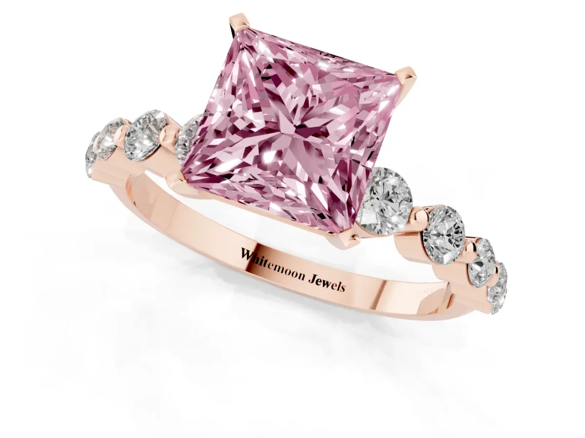 Fancy Pink Princess Cut Solitaire Diamond Ring with Pave Band and Four-Prong Setting Rose gold