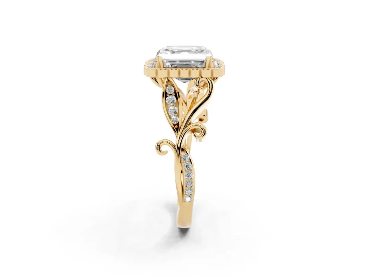 Asscher Cut Diamond Halo Ring with Vintage Split Shank and Four-Prong Setting Yellow gold