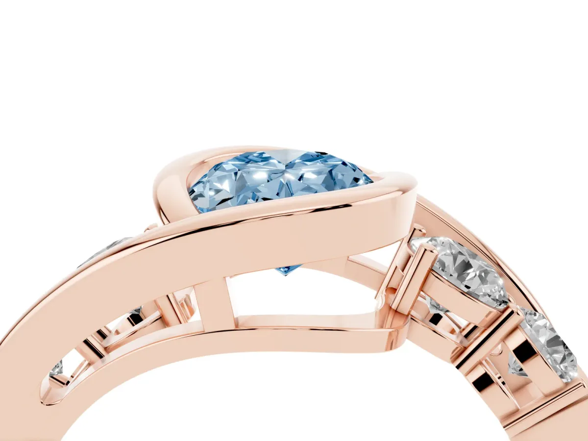 Fancy Blue Bezel Set Oval Cut Diamond Bypass Ring with Round Accents Rose gold