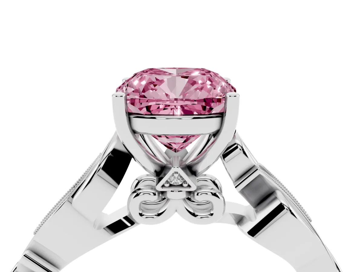 Fancy Pink Cushion Cut Solitaire Vine Band with Milgrain Prong Setting Silver