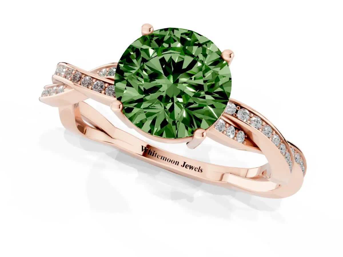Fancy Green Round Cut Solitaire Twisted Pave Diamond Ring with Four-Prong Setting Rose gold