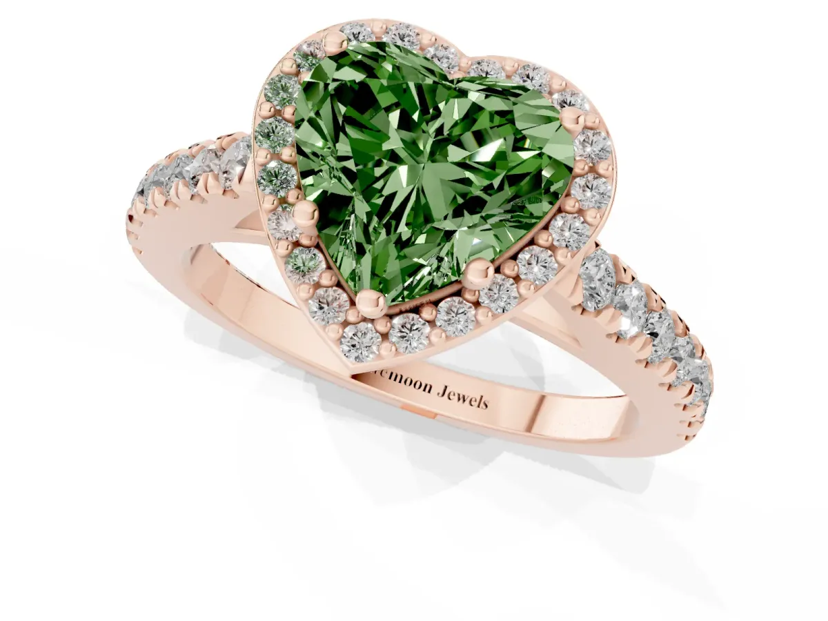 Fancy Green Heart Cut Cut Halo Diamond Engagement Ring with Pave Band and Four-Prong Setting Rose gold