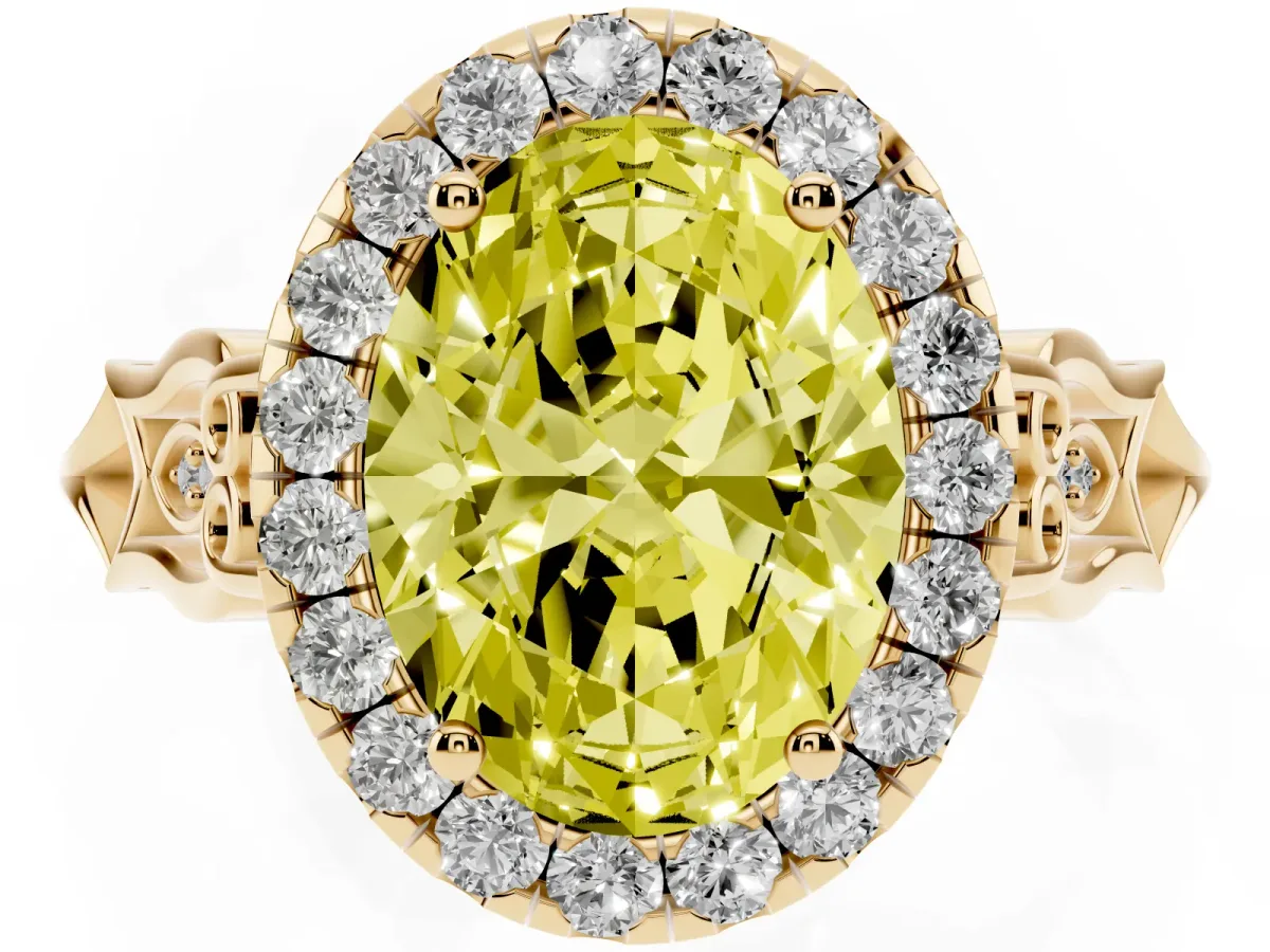 Fancy Yellow Oval Cut Halo Diamond Engagement Ring with Filigree Band and Four-Prong Setting Yellow gold