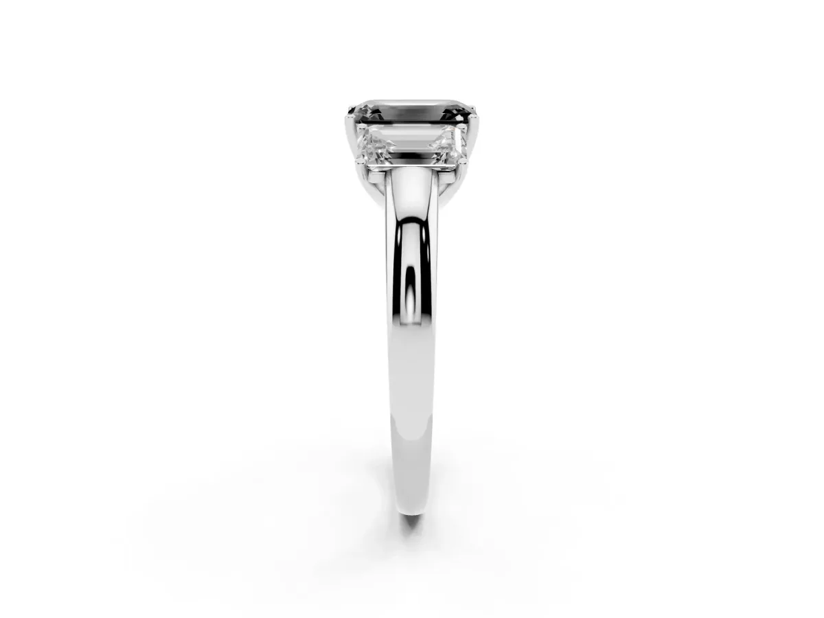 Fancy Black Emerald Cut Diamond Three-Stone Ring with Four-Prong Setting and Classic Band Silver