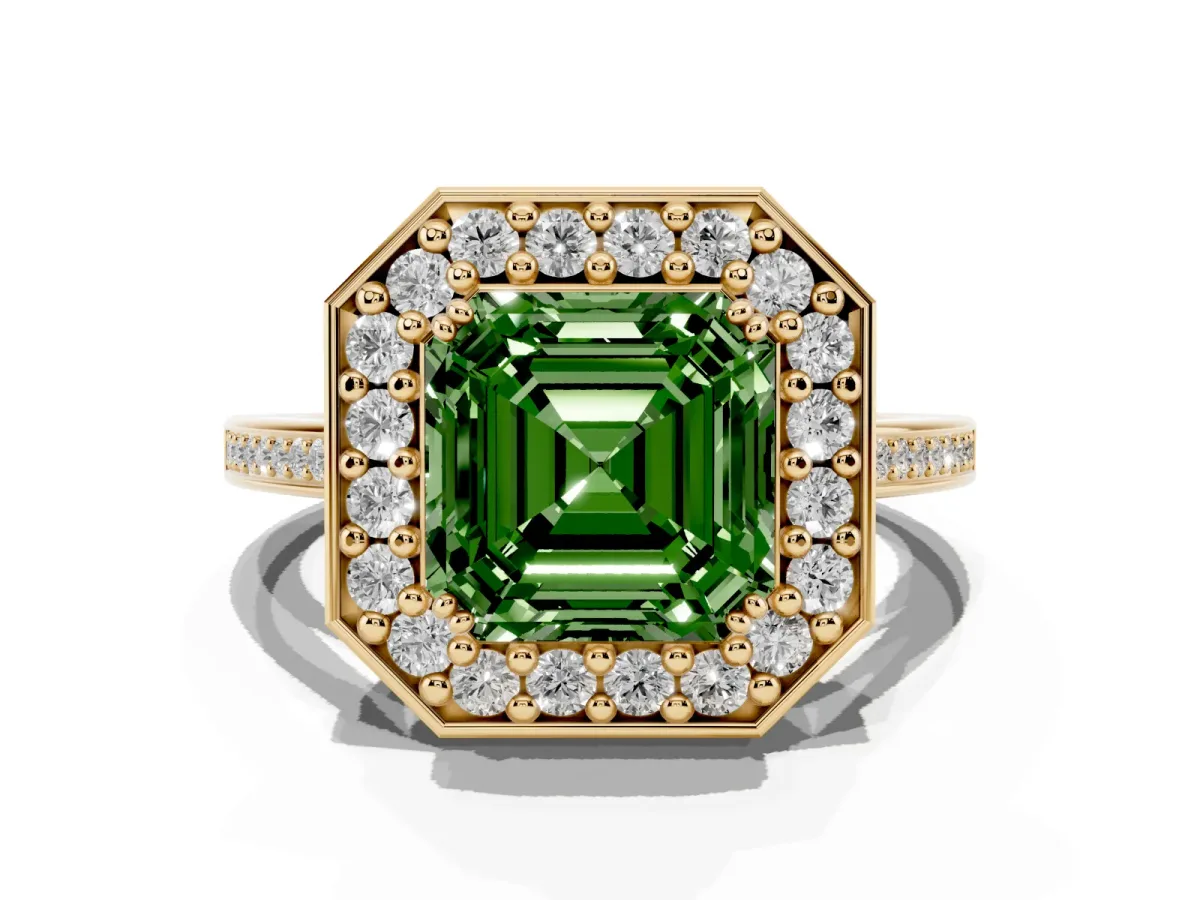 Fancy Green Asscher Cut Diamond Halo Ring with Split Shank and Four-Prong Setting Yellow gold