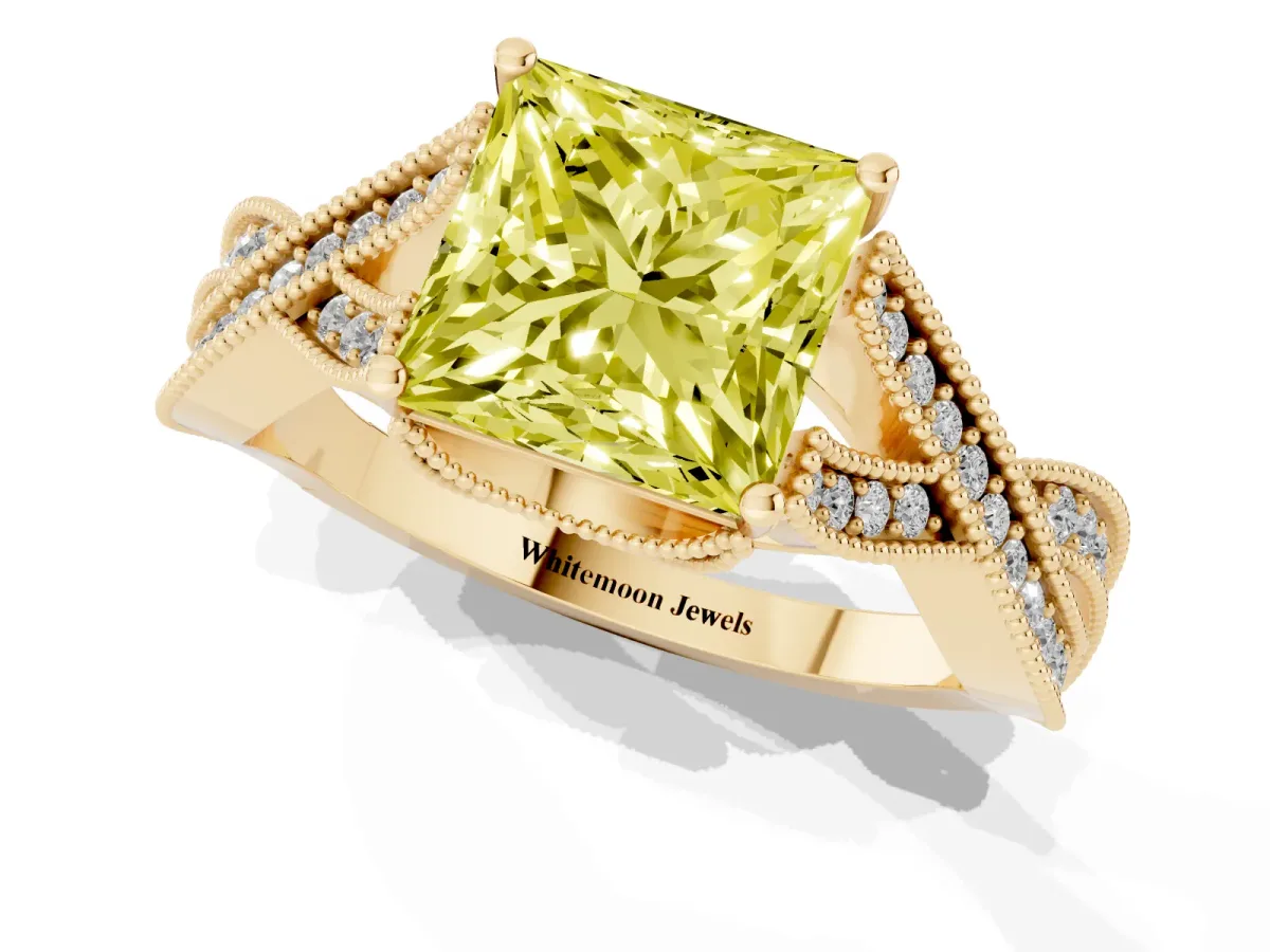 Fancy Yellow Princess Cut Cut Diamond Twisted Band with Milgrain Pave Setting and Four-Prong Setting Yellow gold