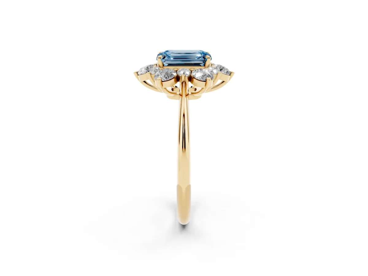 Fancy Blue Emerald Cut Diamond Cluster Halo Ring with Solitaire Band and Four-Prong Setting Yellow gold