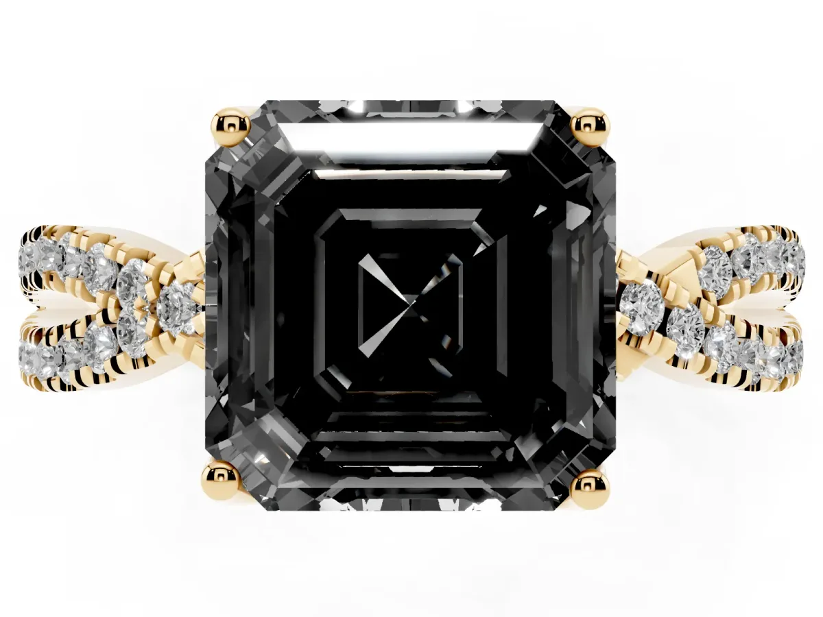 Fancy Black Asscher Cut Solitaire Twist Pave Diamond Engagement Ring with Prong Setting Yellow gold